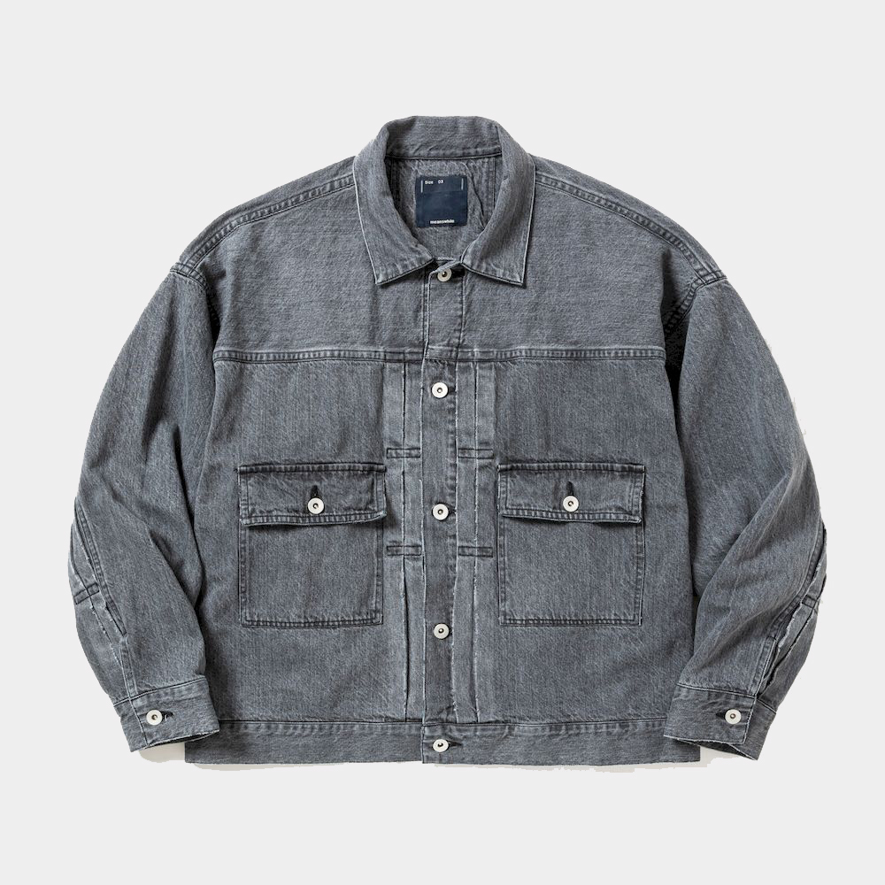 Fade Denim Pleated Sleeve Blouse/Off Black