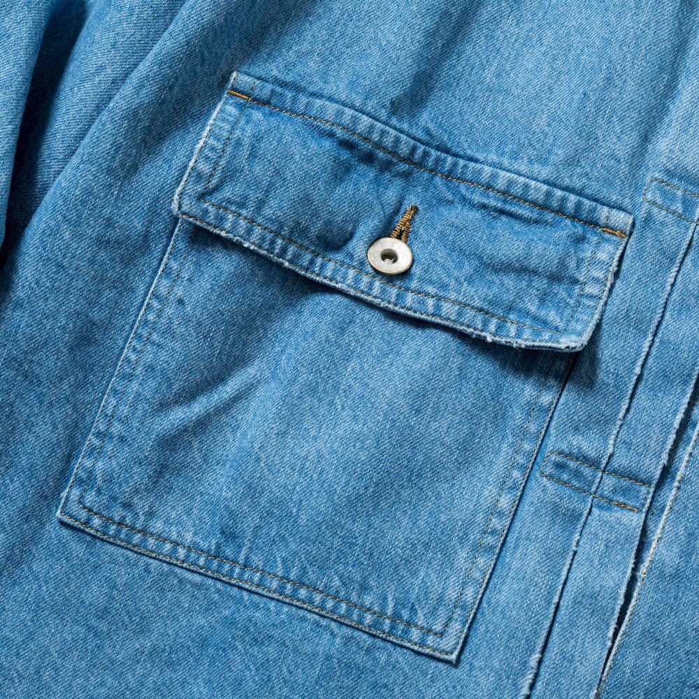 Fade Denim Pleated Sleeve Blouse/Indigo