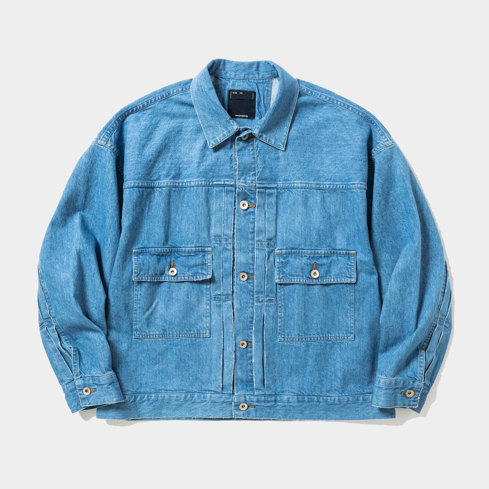 Fade Denim Pleated Sleeve Blouse/Indigo