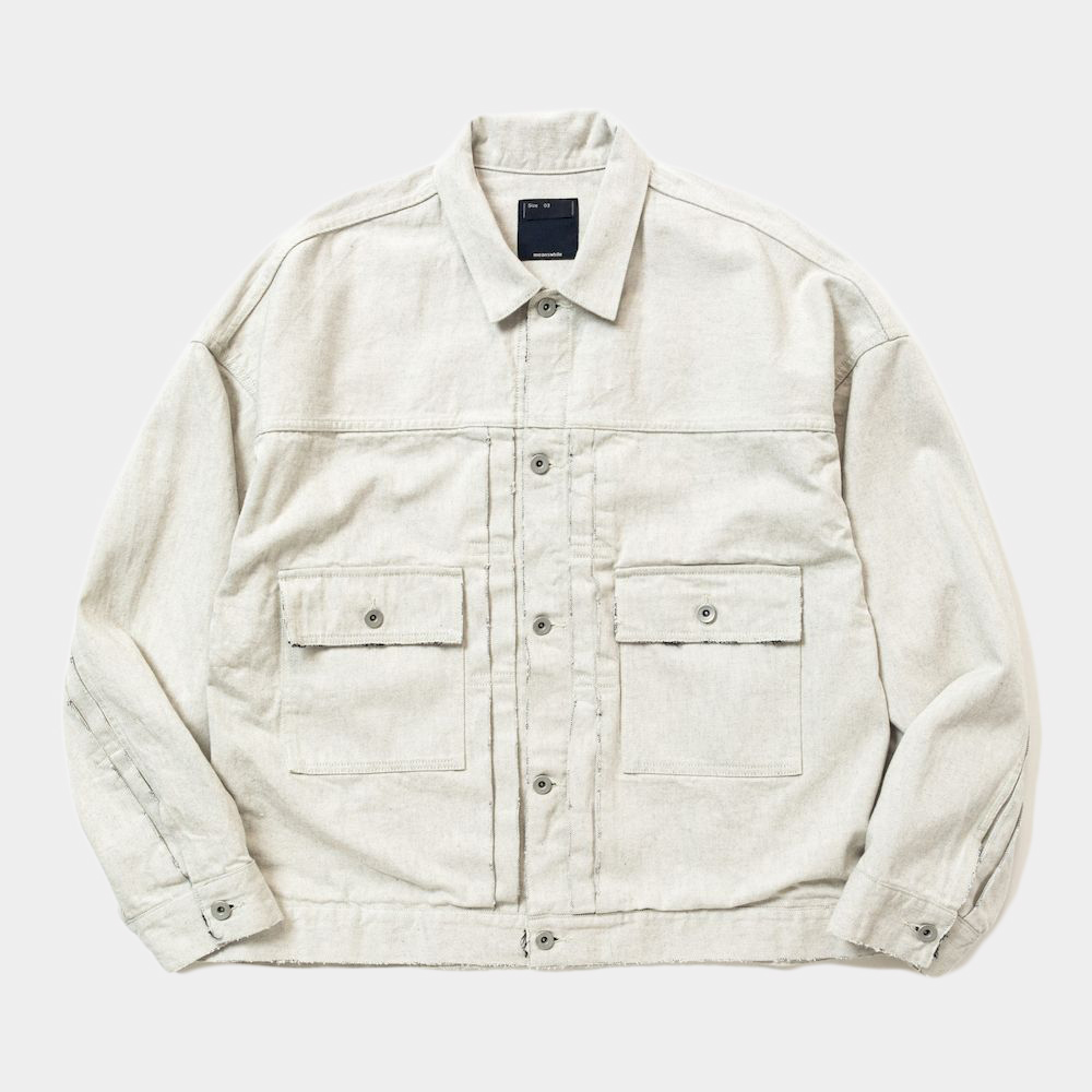 Fade Denim Pleated Sleeve Blouse/Off White