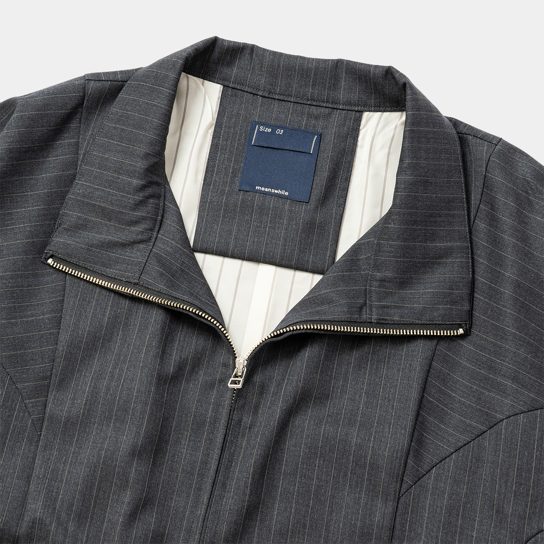 Merino Wool Stand Collar Blouson /GREY STRIPE